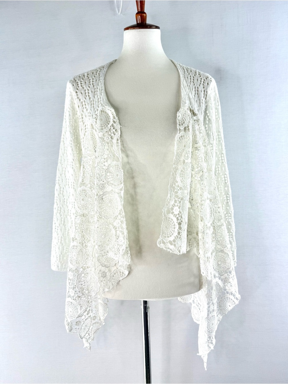 Oliver by Escio White Crochet Lace Open Waterfall Cardigan